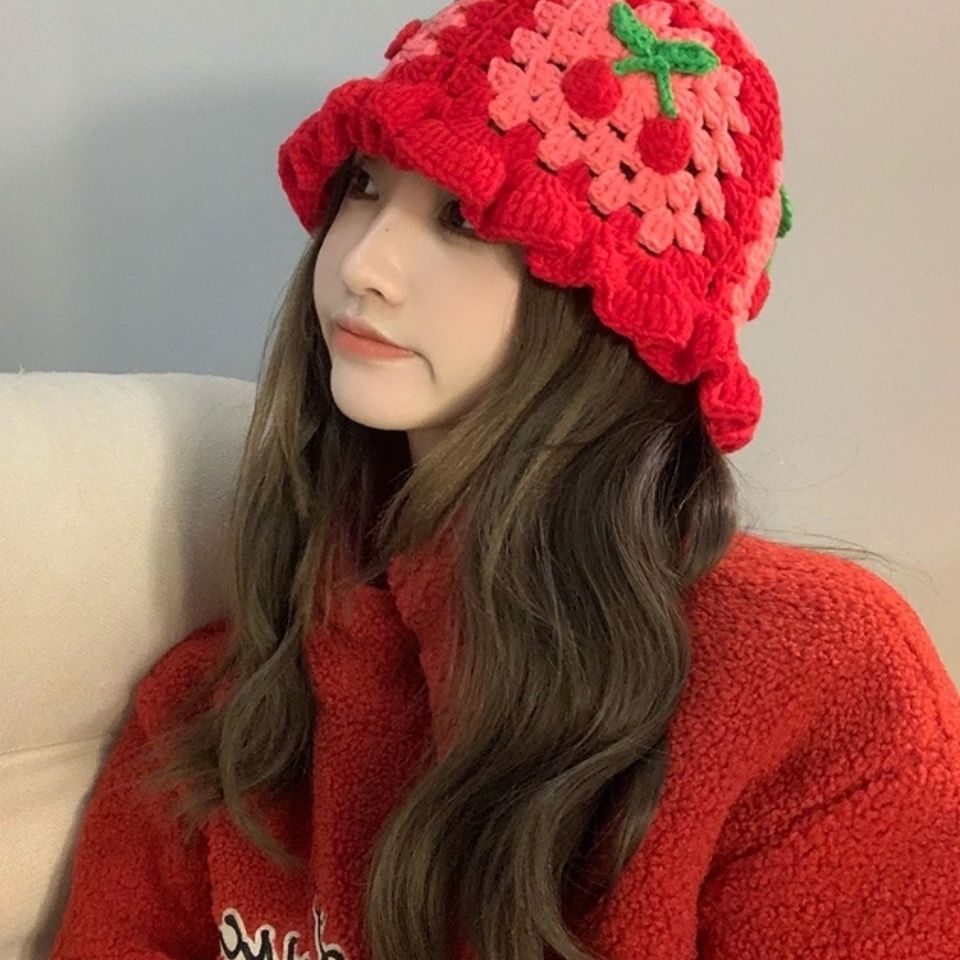 WN Japanese ins cherry fisherman hat pure hand-woven knitted woolen hat sweet and cute net red same style hat