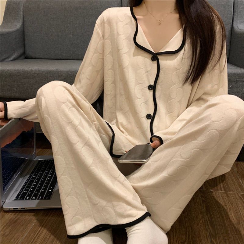 New ins pajamas women's spring and autumn Japanese net red jacquard thin section long-sleeved cardigan simple home service two-piece set