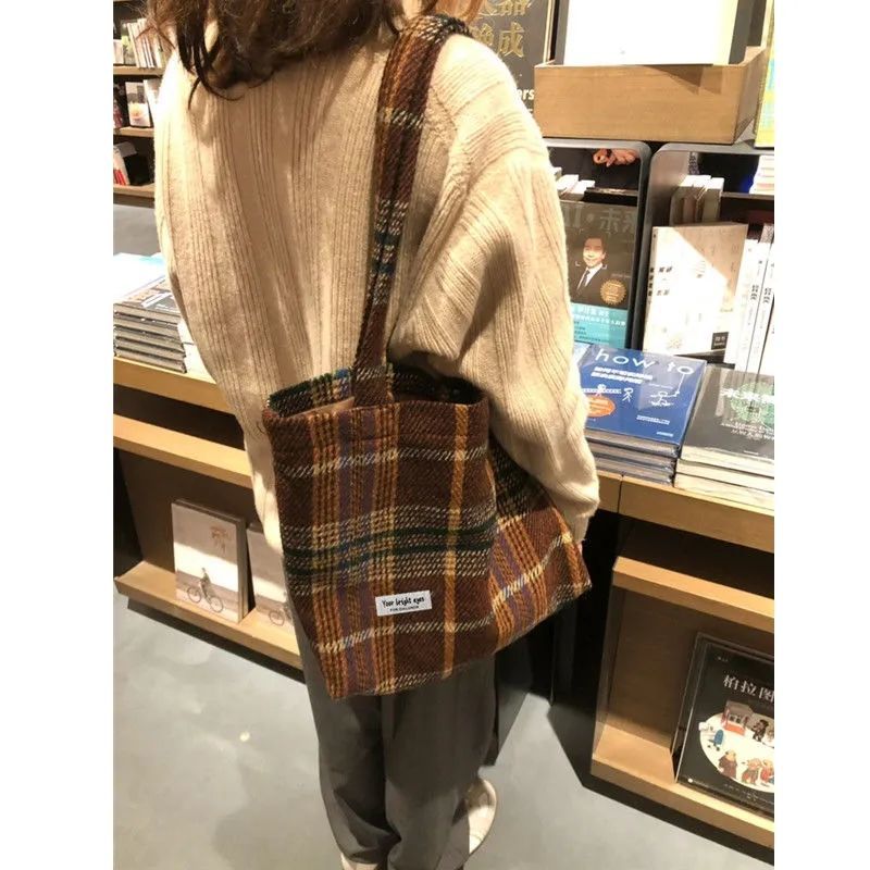 復古毛呢混色編織羊毛格子包手提大容量格紋帆布包袋女學生單肩包