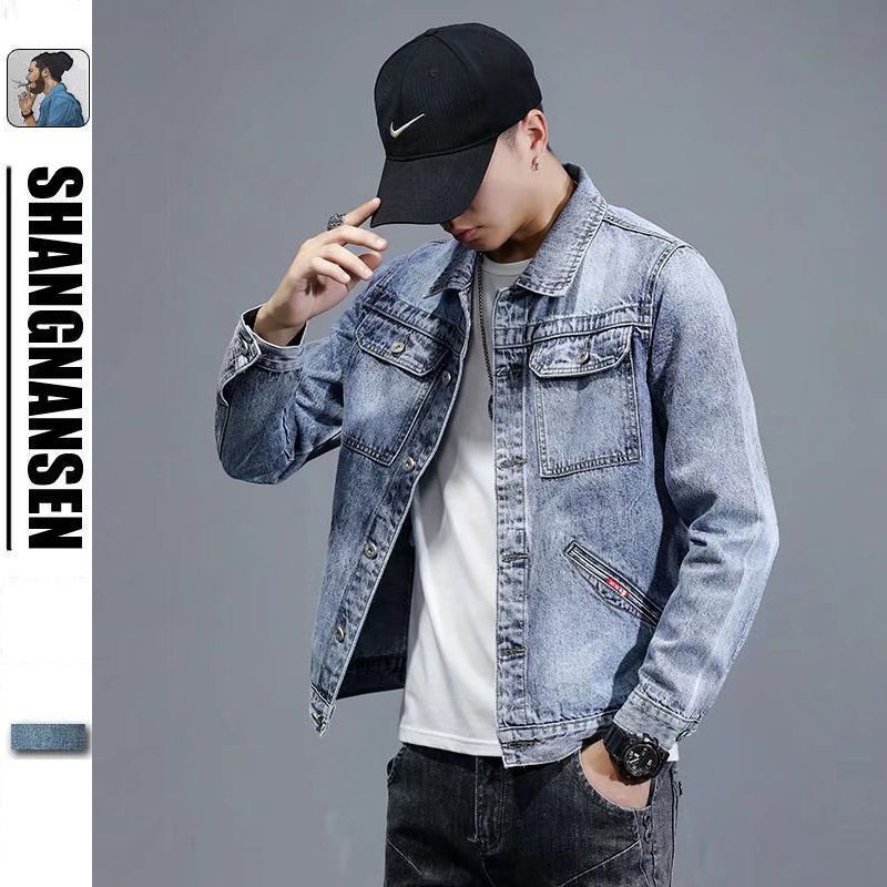 潮牌牛仔外套男士秋冬新款韩版工装牛仔夹克宽松修身休闲衣服上衣