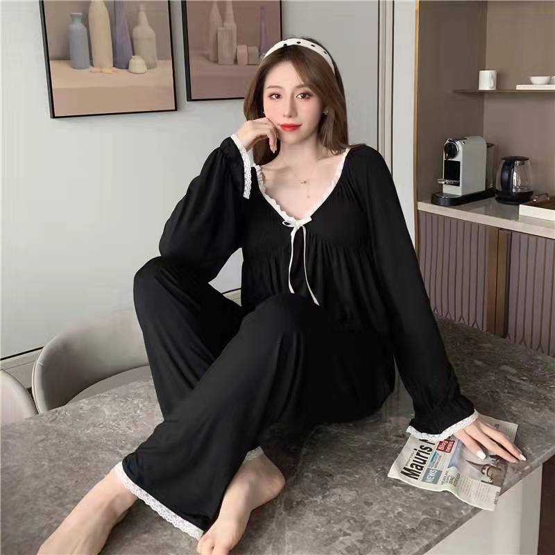 Fat girl 300 catties pajamas spring and autumn black pure desire to look thin sexy nightdress lace long-sleeved trousers home service outerwear