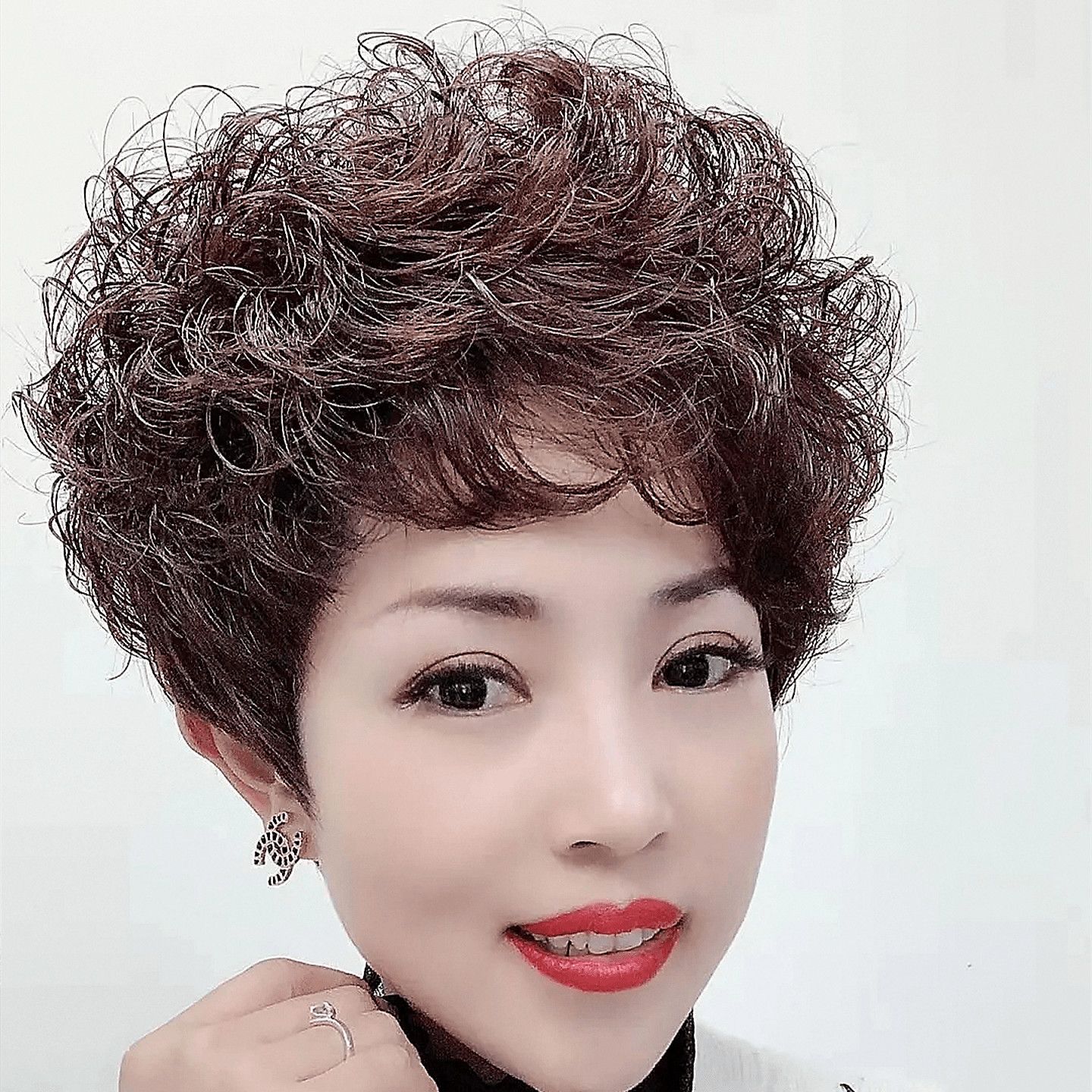 假发套女中老年真发全头套圆脸短卷发50岁遮白发自然真人发丝发型