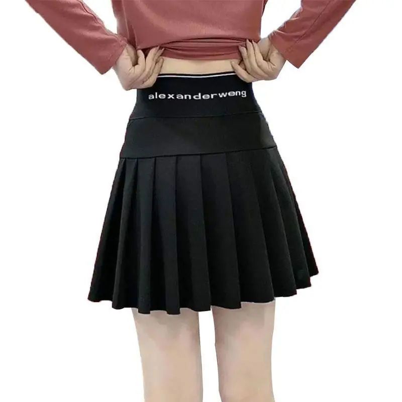 Design sense pleated skirt female 2022 spring and summer high waist a-line skirt black elastic waist slimming anti-light skirt