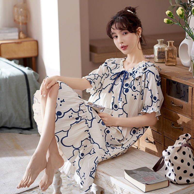 Summer cotton women's nightdress can be worn outside casual pajamas Korean version student Pregnant Women Cute short sleeve plus size home clothes