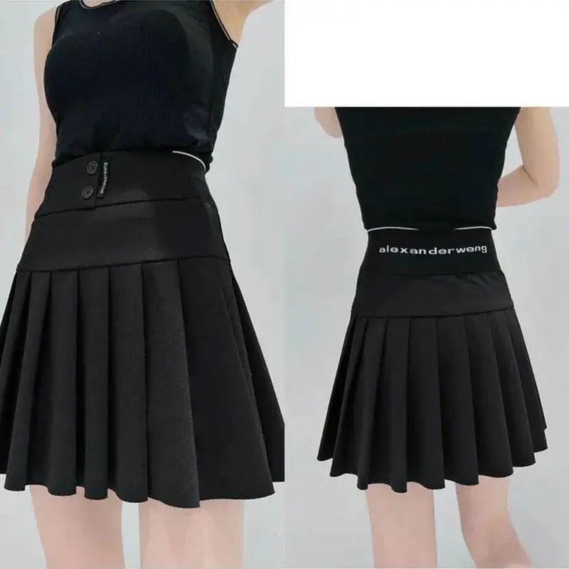 Design sense pleated skirt female 2022 spring and summer high waist a-line skirt black elastic waist slimming anti-light skirt