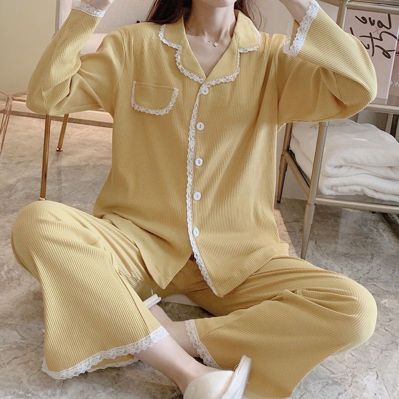 Cotton pajamas women's spring and autumn long-sleeved cardigan thin section sweet student Korean style lace lace autumn and winter two-piece suit