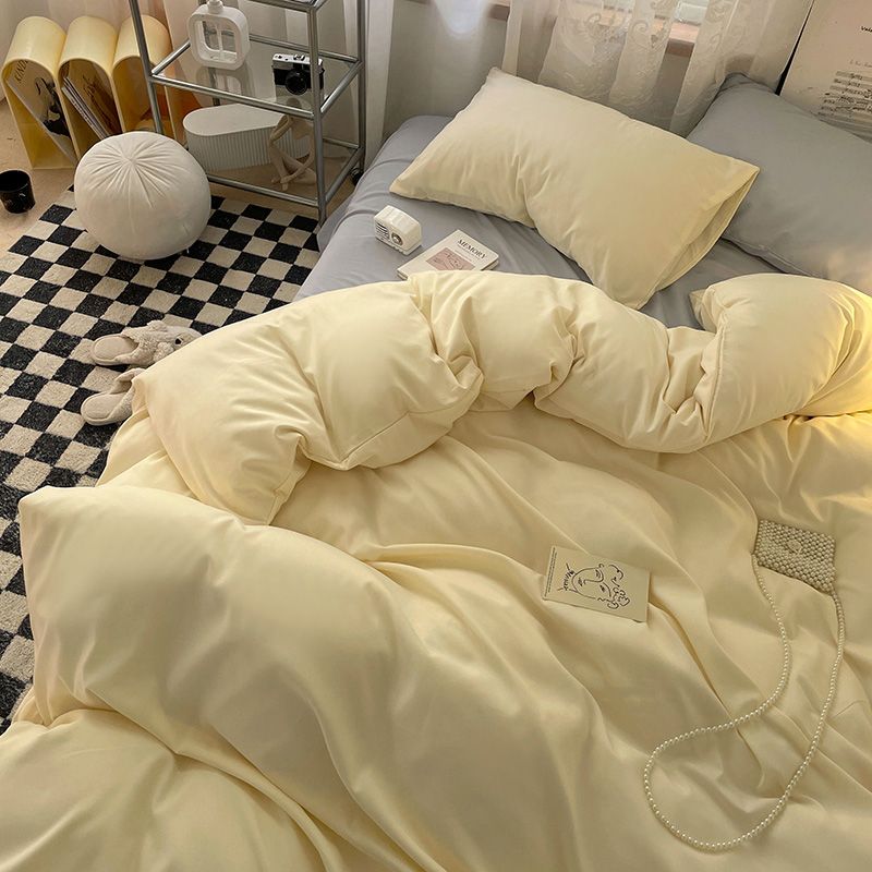 Morandi ins blogger Feng Shui wash cotton four piece bedclothes mixed with solid color quilt cover fitted sheet three piece set