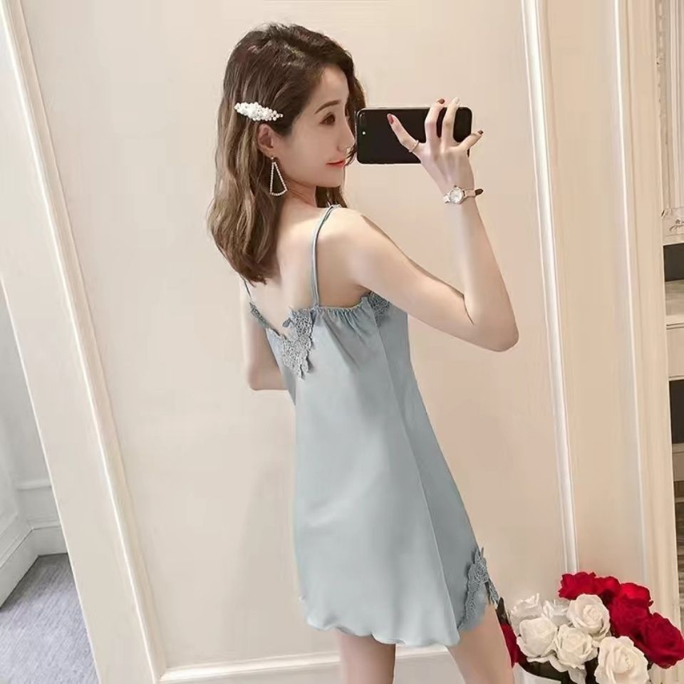 Thin lace ice silk nightdress suspenders sexy pajamas female summer simulation silk hot home skirt small man