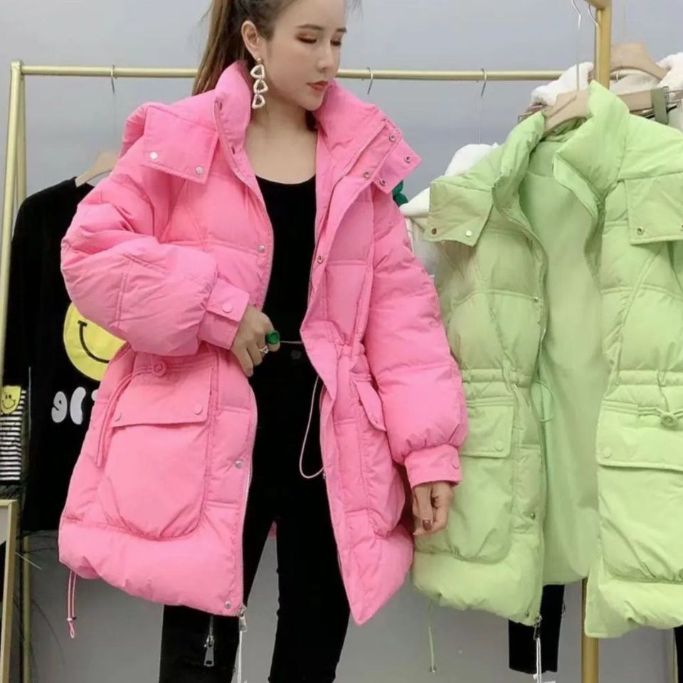 网红爆款中长款羽绒服女冬季2021新款收腰连帽羽绒服女时尚外套潮