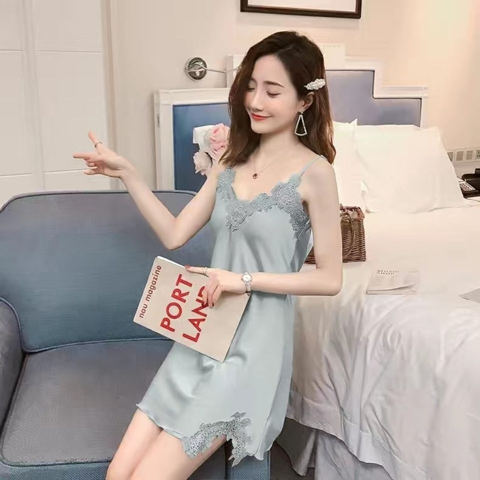 Thin lace ice silk nightdress suspenders sexy pajamas female summer simulation silk hot home skirt small man