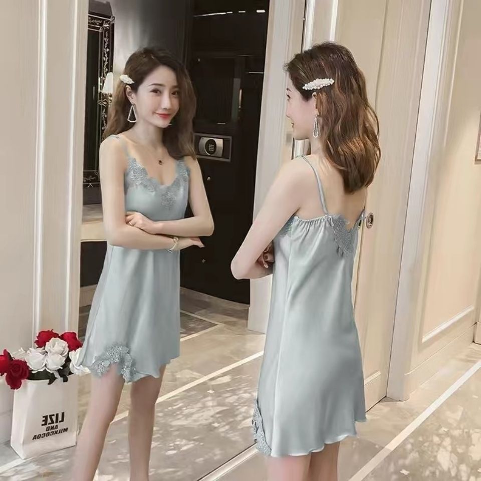 Thin lace ice silk nightdress suspenders sexy pajamas female summer simulation silk hot home skirt small man