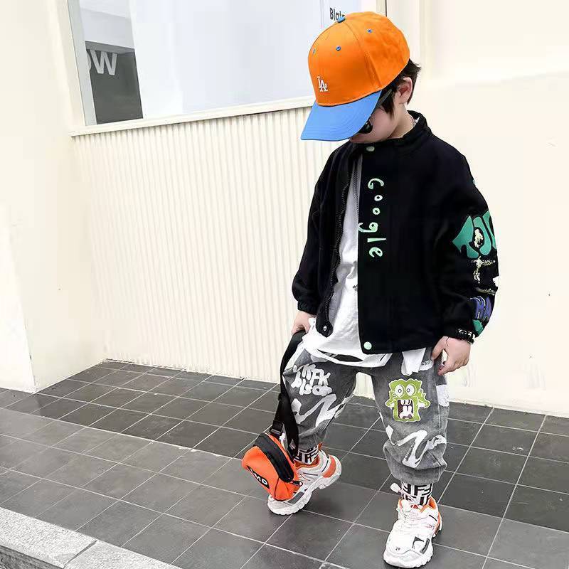 Boys' jacket spring and autumn clothes 2023 new foreign children's denim net red jacket baby autumn and winter plus velvet thickened top