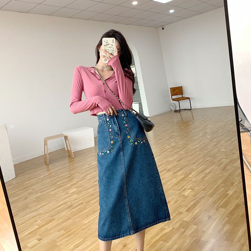 牛仔裤高腰牛仔裙韩版女装刺绣牛仔半身裙女中长款a字小个子一步