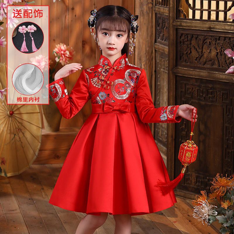 125800-儿童汉服女童冬季加绒古装超仙拜年服小女孩中国风唐装裙子演出服-详情图