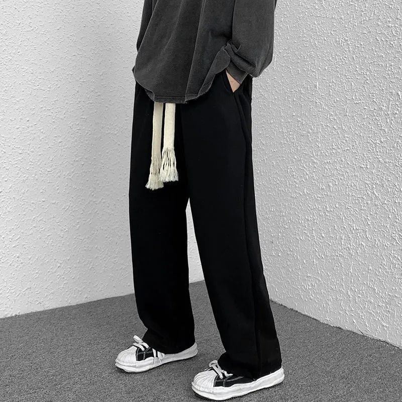 Spring, summer and autumn hand-woven drawstring sweatpants men's loose straight ins high street large size wide-leg solid color sweatpants
