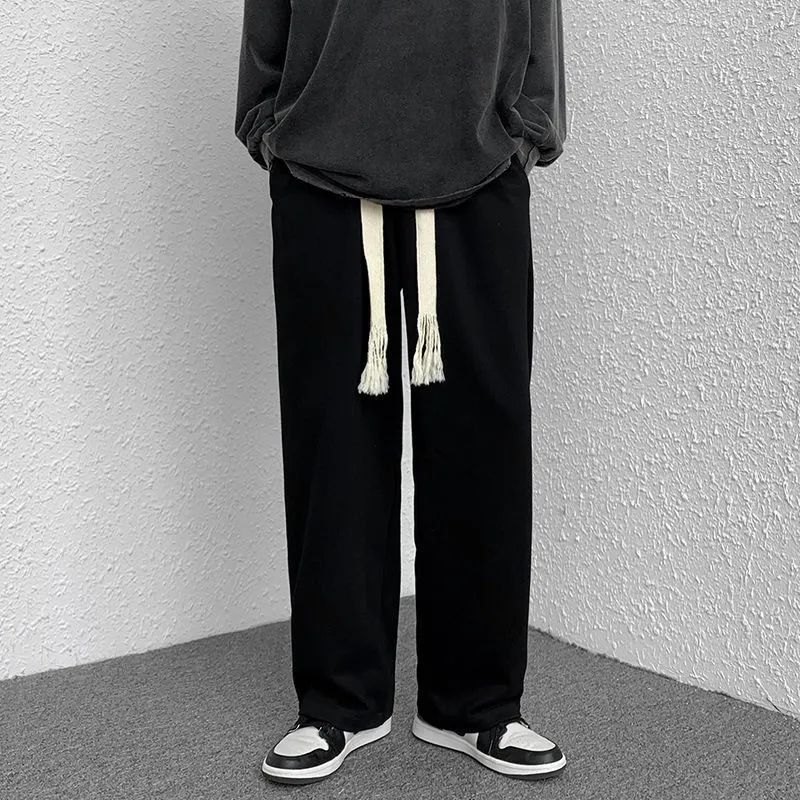 Spring, summer and autumn hand-woven drawstring sweatpants men's loose straight ins high street large size wide-leg solid color sweatpants