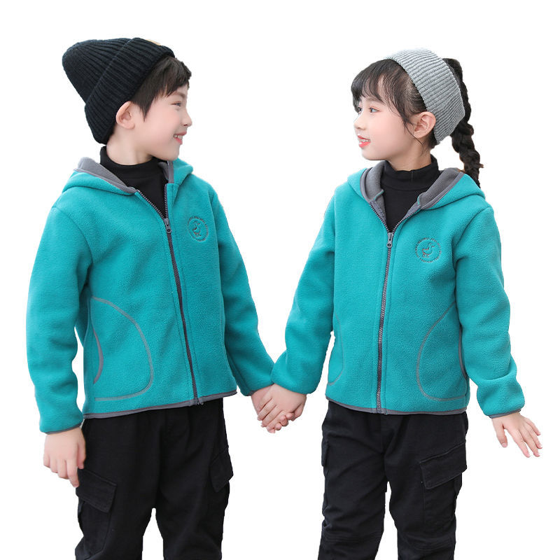 Children's double-sided grain fleece jacket boys and girls warm hooded cardigan fleece sweater spring and autumn style overcoat trend
