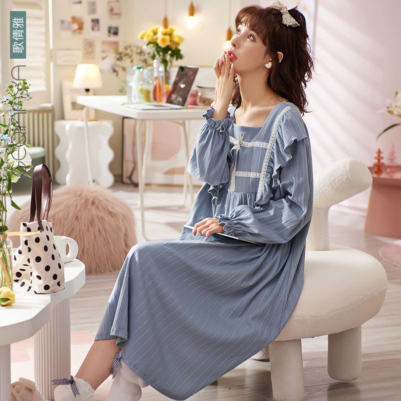 Songqianya princess nightdress female 2022 new cotton home clothes autumn and winter women's long-sleeved pajamas spring and autumn models