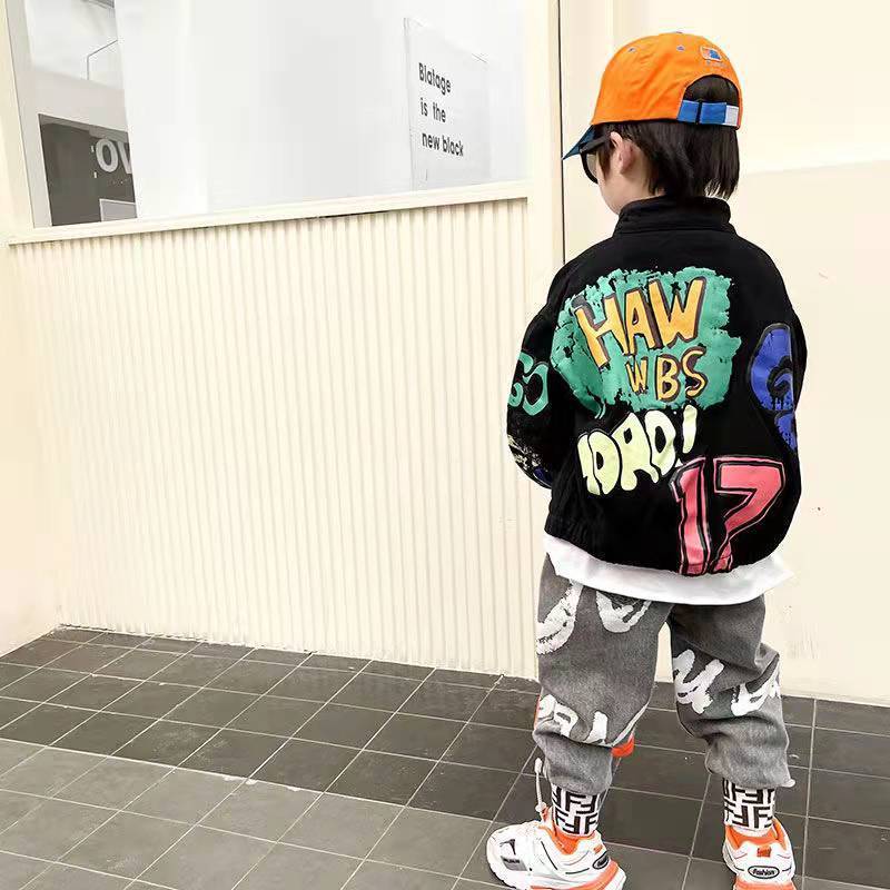 Boys' jacket spring and autumn clothes 2023 new foreign children's denim net red jacket baby autumn and winter plus velvet thickened top