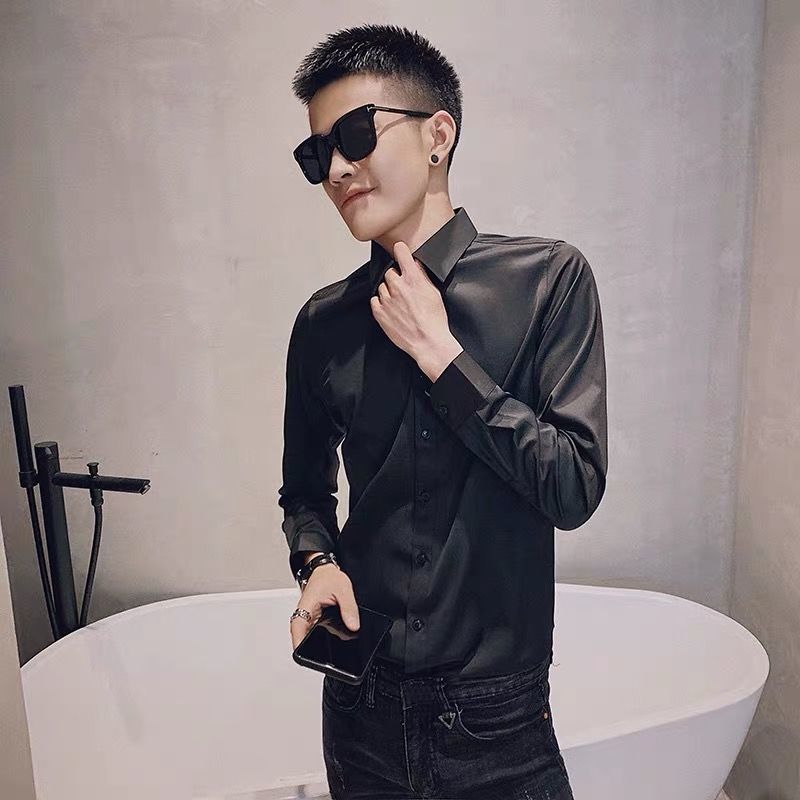 社會精神小伙修身純色襯衫快手紅人同款髮型師男生襯衣上衣服男裝