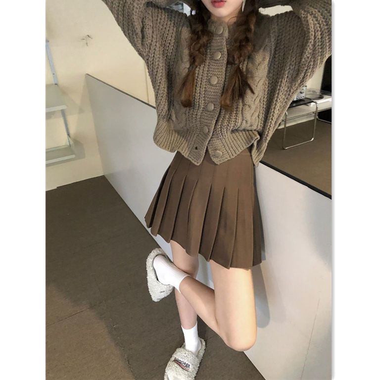 [Two-Piece Suit] College Style Twist Round Neck Sweater Short Knit Cardigan Jacket Female Pleated Skirt