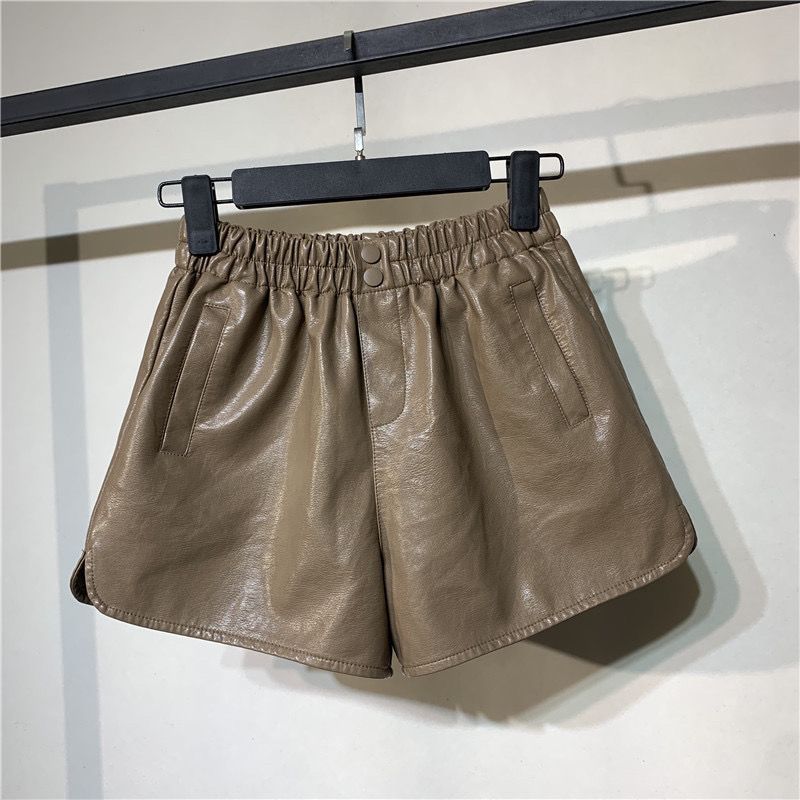 Girls Korean version of high waist leather shorts spring and autumn new all-match leather pants with button decoration loose wide-leg pants boot pants