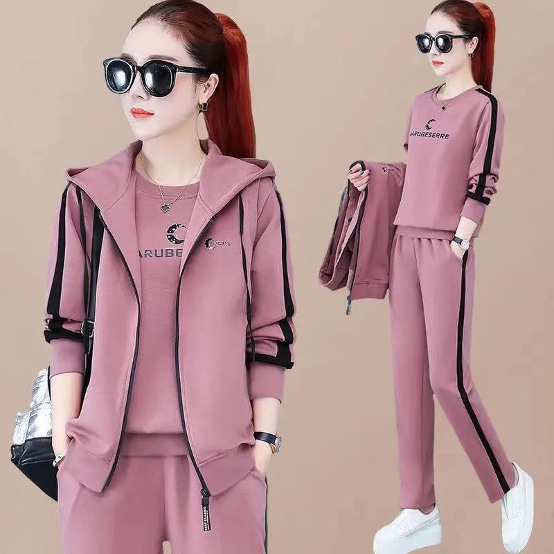 2022 new spring vest three-piece women's Korean version autumn long-sleeved sweater large size casual sportswear suit for women