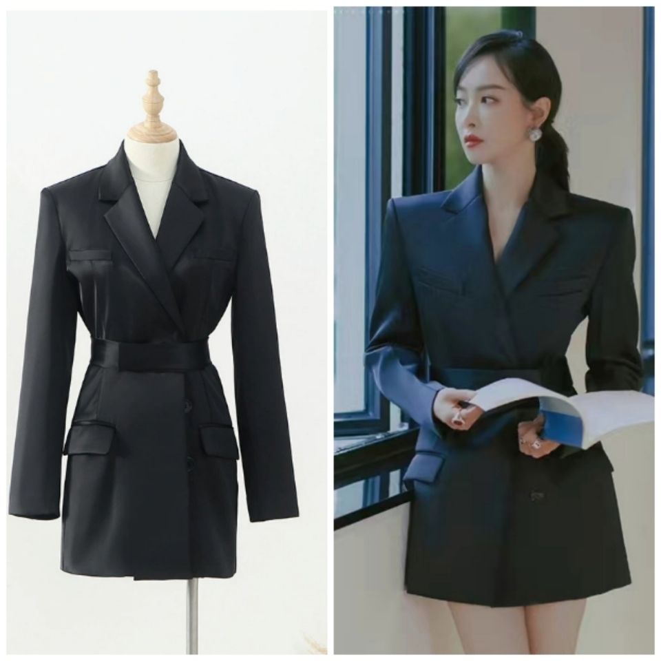 ym2022春新女宋茜同款修身设计感系带西服连衣裙显瘦
