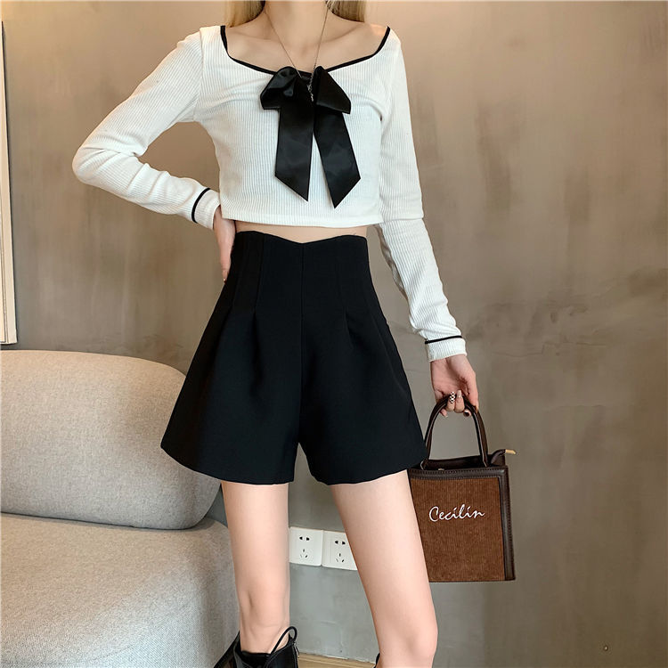  spring and summer new large size fat mm shorts women's high waist outerwear A-line wide-leg pants look thin black casual hot pants