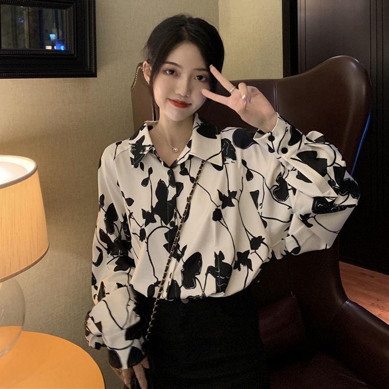 春秋2023新款法式復古時尚寬鬆慵懶氣質百搭長袖襯衫上衣女潮chi