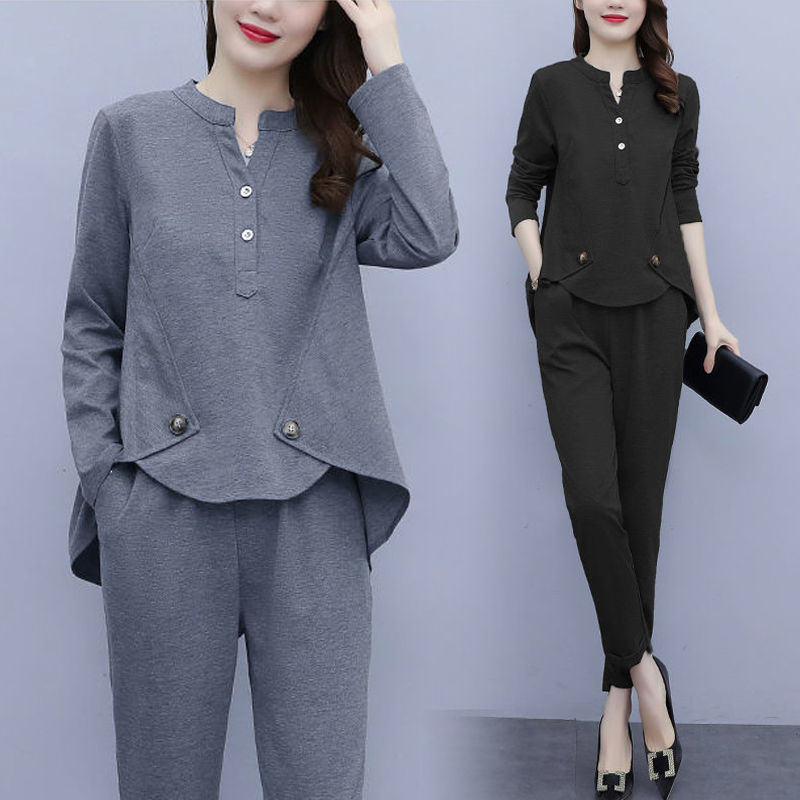 春秋胖人兩件套寬鬆一整套顯瘦胖媽媽春裝時尚套裝遮肚子大碼女裝