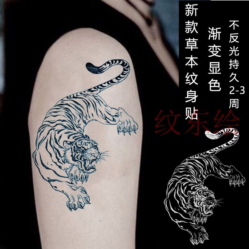草本果汁半永久下山虎纹身贴防水男持久 线条老虎大花臂仿真刺青