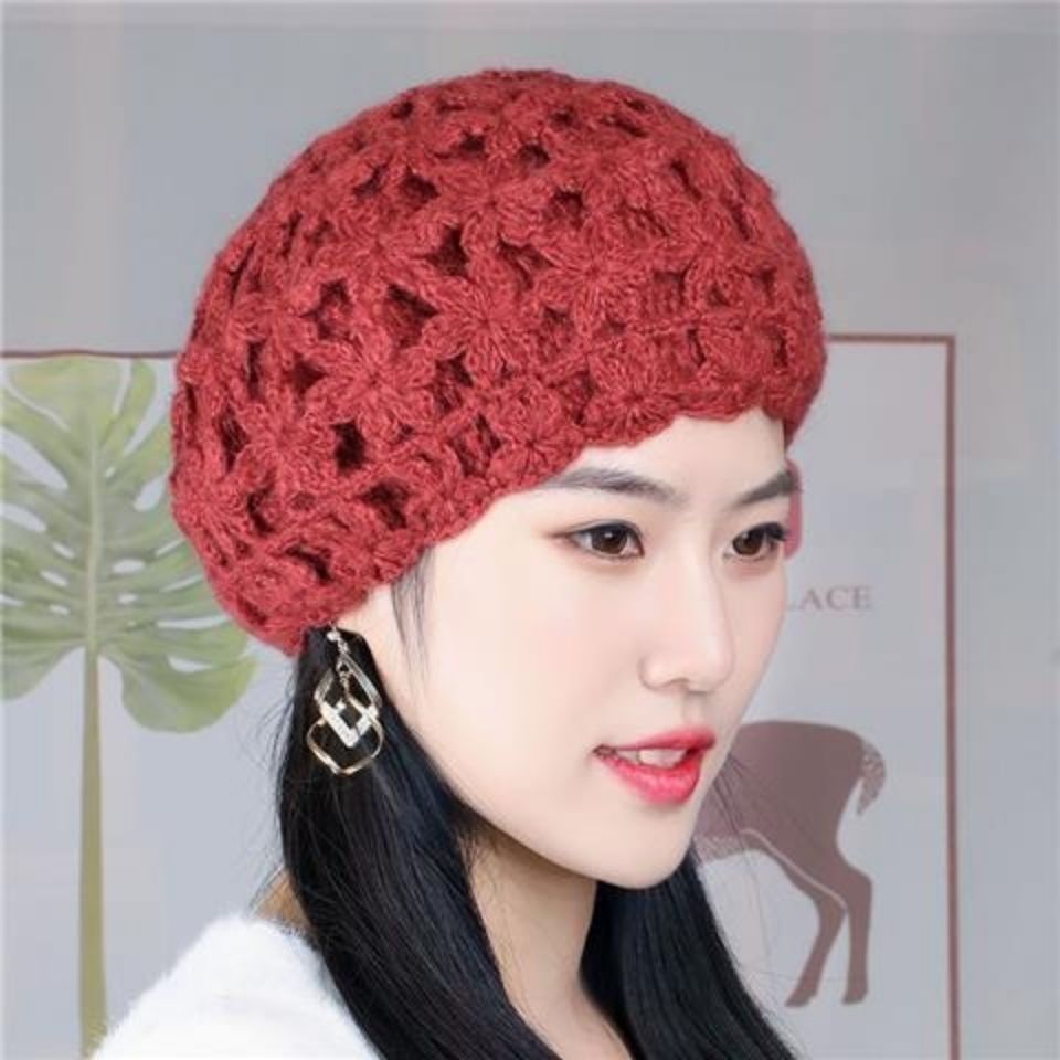 手工钩花帽子女洋气雾霾蓝毛线帽编织保暖护耳秋冬优雅花朵瓜皮帽【2