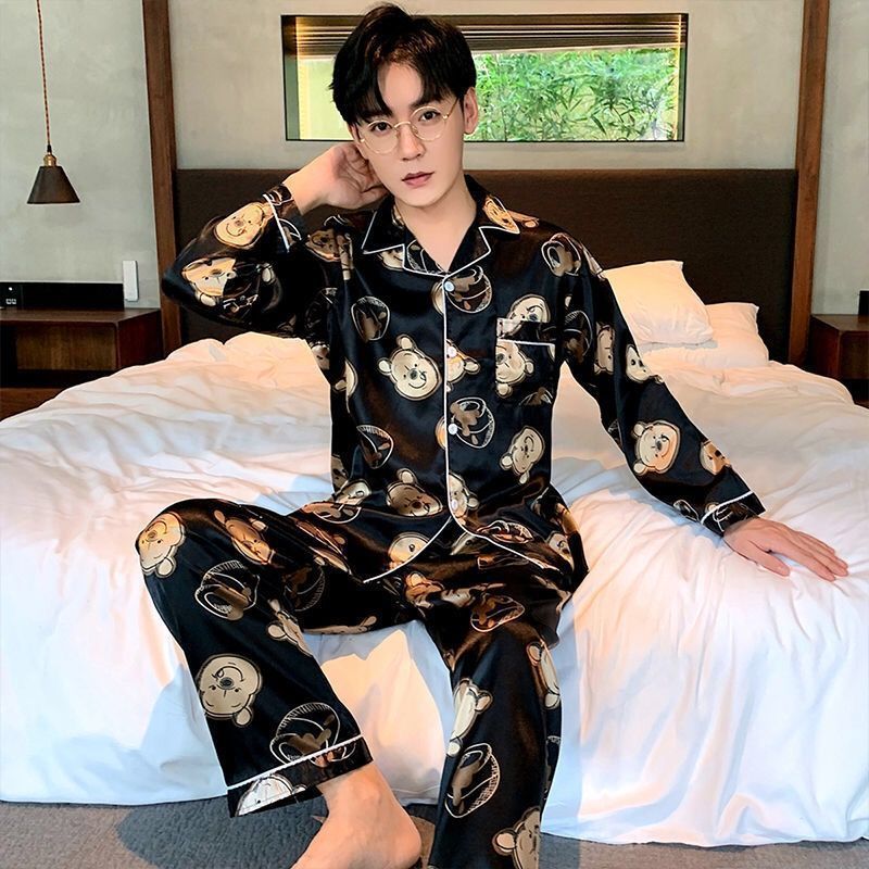 Men's pajamas 2021 new men's spring and autumn long-sleeved thin section ice silk summer and summer imitation silk home service suit