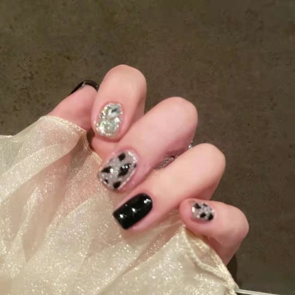 手工穿戴甲 美甲贴片假指甲贴片成品黑色豹纹美甲显白甲片