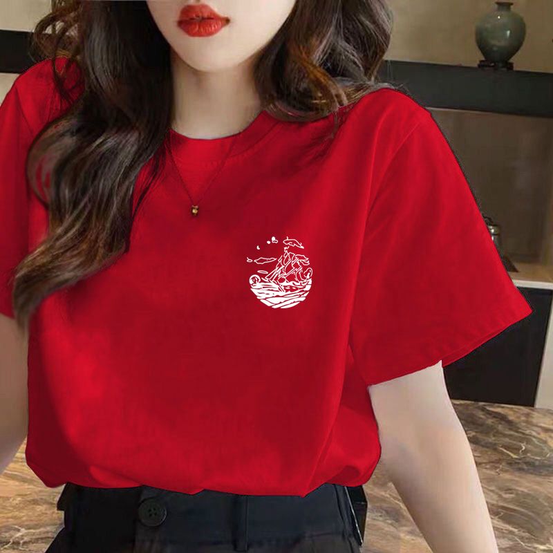 100%純棉短袖t恤女春夏季韓版新款寬鬆百搭紅色氣質ins上衣服潮