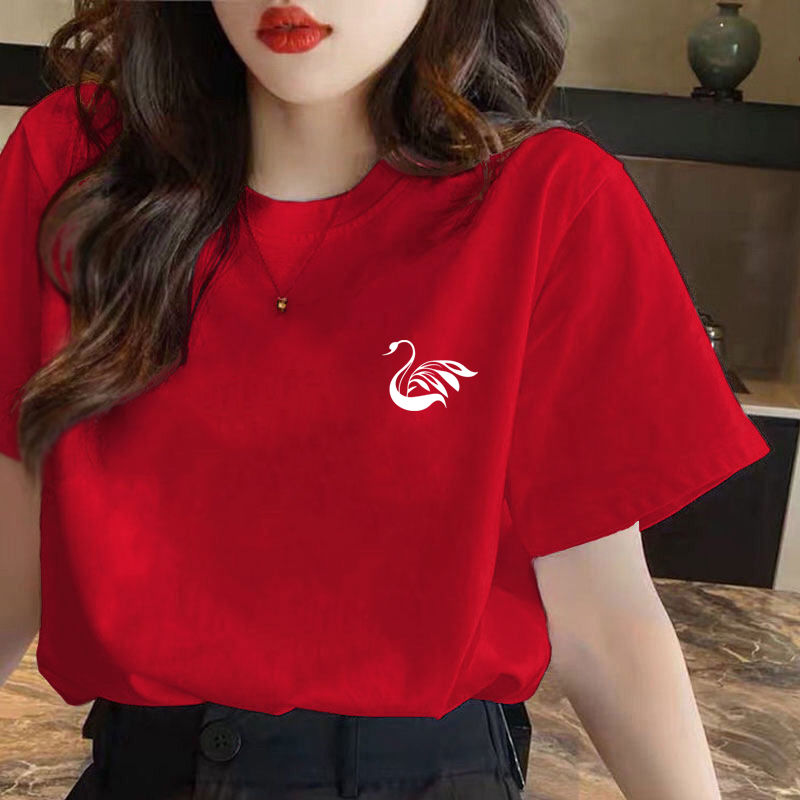 100%纯棉短袖t恤女春夏季韩版新款宽松百搭红色气质ins上衣服潮