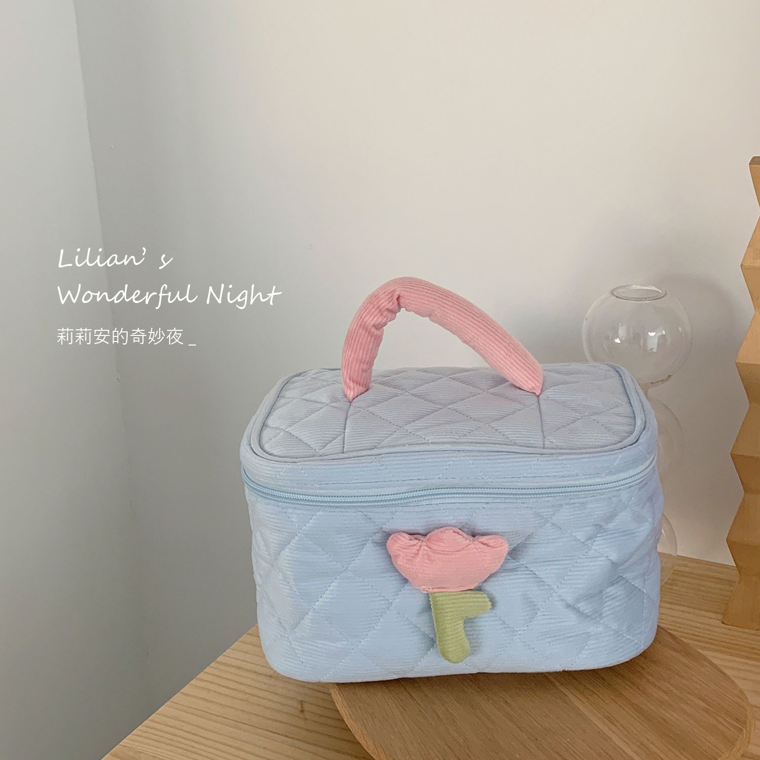 Lillian flower cosmetic bag for female students with good looks, corduroy toiletry bag, portable large-capacity hand-held storage bag