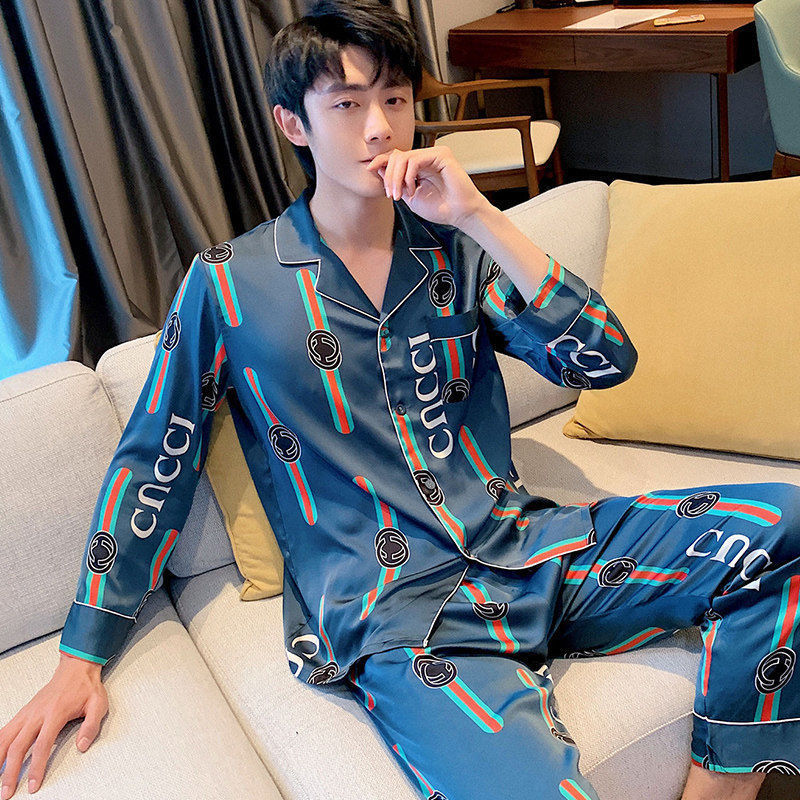 Men's pajamas 2021 new men's spring and autumn long-sleeved thin section ice silk summer and summer imitation silk home service suit
