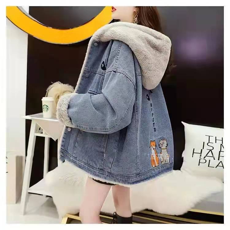 Denim jacket plus velvet thick winter female students  new hooded embroidery loose cotton padded clothes ins tide