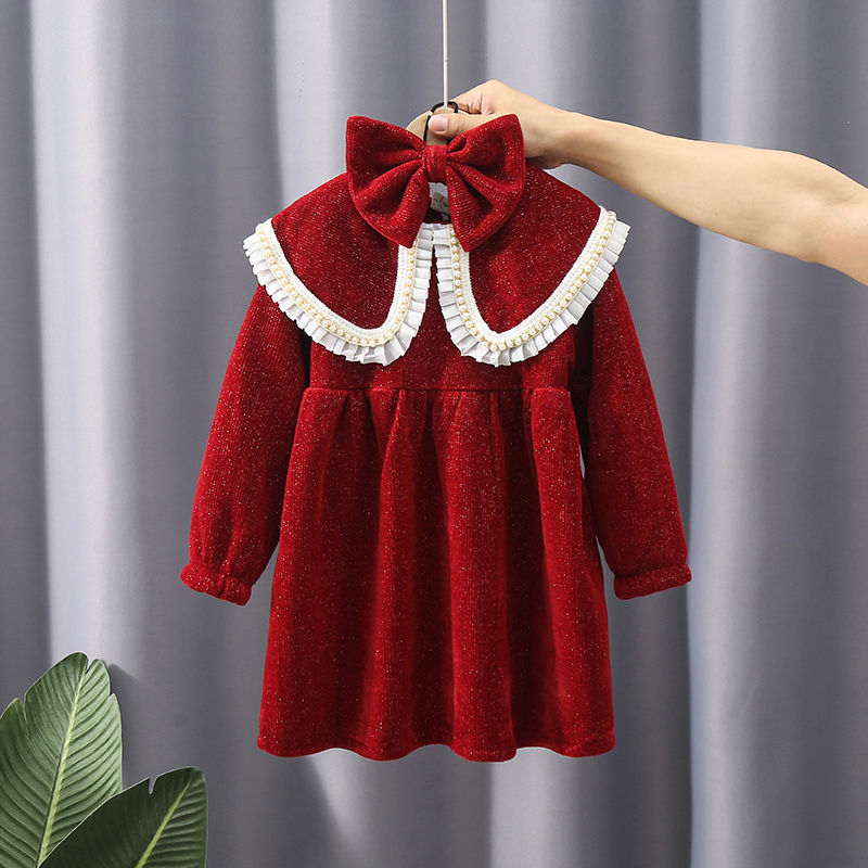 女童連衣裙春裝2023新款洋氣秋季加絨紅色禮服兒童裝小女孩公主裙