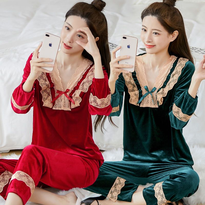 Pajamas women's suit new gold velvet Korean style fashion lace loose and comfortable can be worn outside net red home clothes