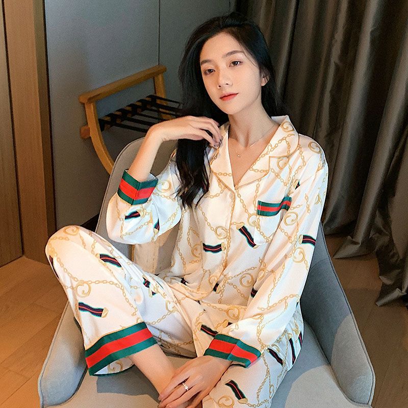 Women's pajamas spring and summer long-sleeved ice silk sexy Korean student cute large size spring and autumn imitation silk home service suit