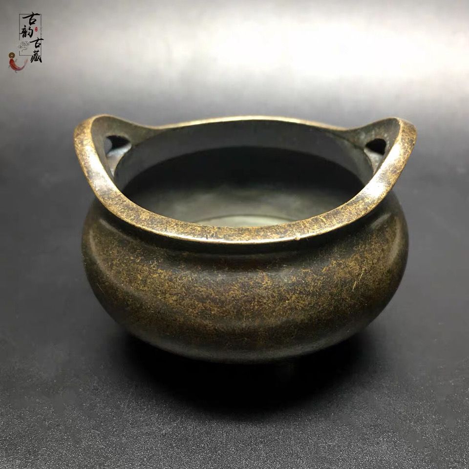 老式三足两耳宣底小香炉家用小号铜炉纯铜仿古宣德炉做旧包浆
