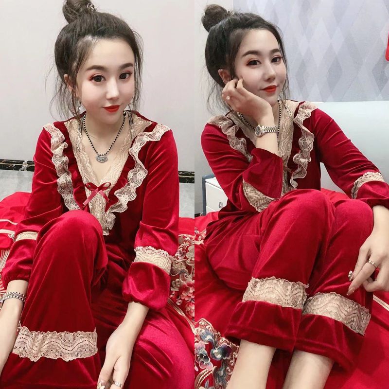 Women's pajamas spring autumn winter suit golden velvet material loose and comfortable Korean version can be worn outside sexy v-neck net red hot style