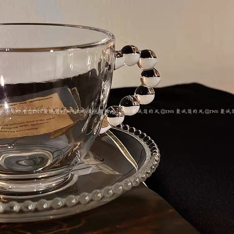 推~中古风透明玻璃珠珠手柄玻璃法式咖啡杯碟套装冷淡风下午茶杯