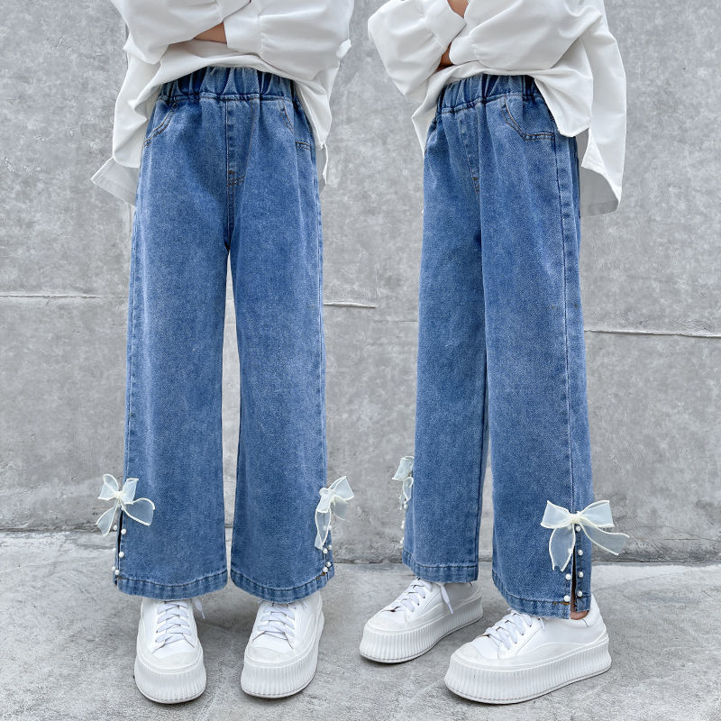 女童闊腿褲春裝2023中大童春秋直筒牛仔褲小女孩寬鬆褲子外穿長褲