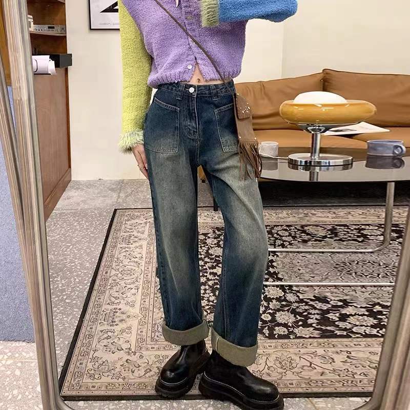 胖妹妹闊腿褲子2022年新款寬鬆顯瘦大碼女裝春秋直筒高腰牛仔褲冬