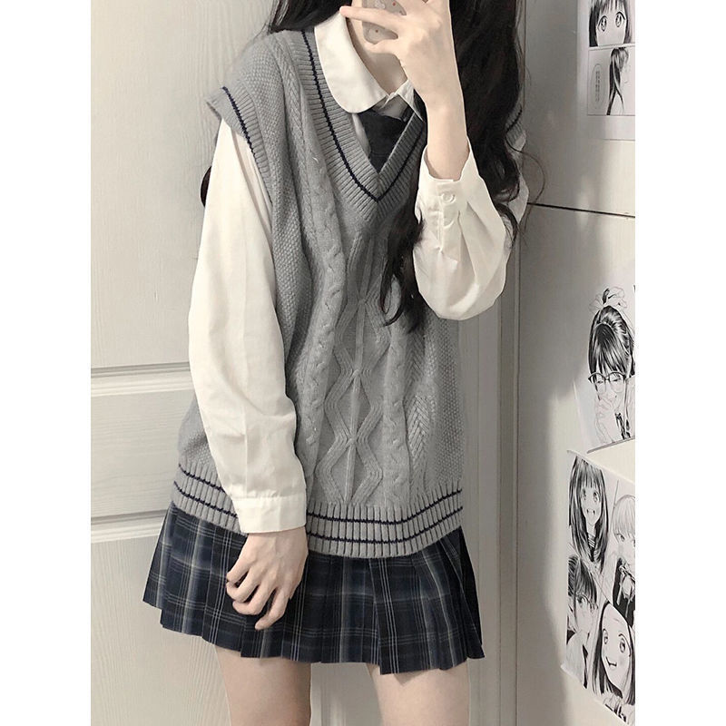 四件套提花薄款灰色馬甲小個子長袖襯衫烏龍女校制服煙灰格半身裙