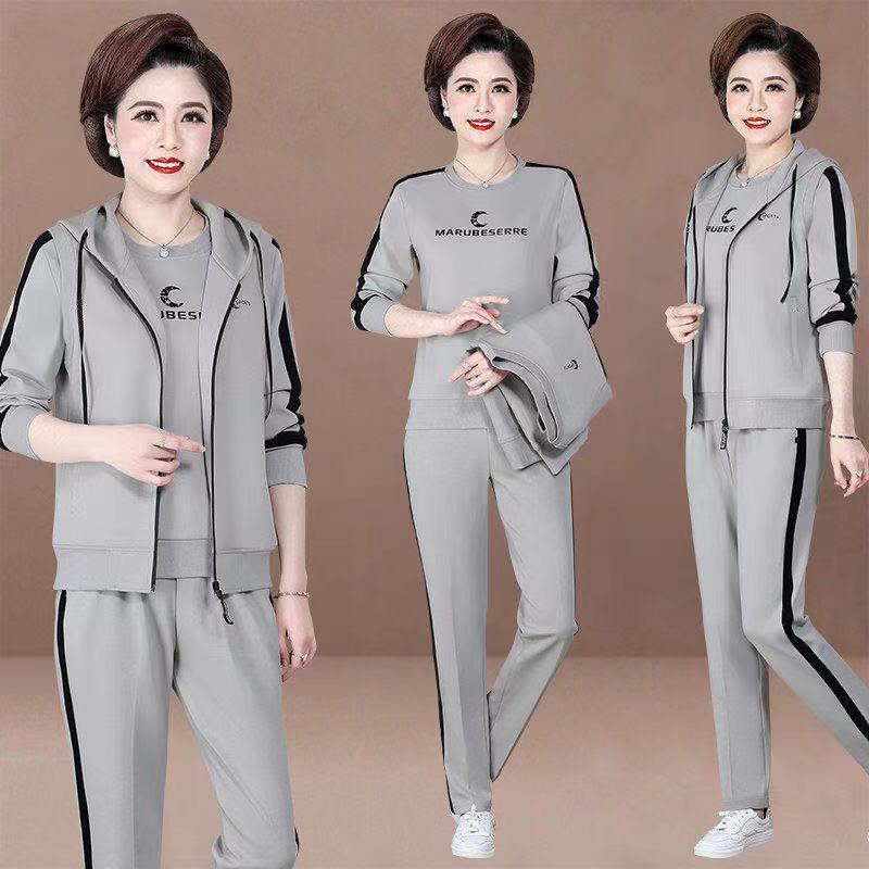 Mother's vest three-piece set women's spring and autumn middle-aged and elderly fashion sweater hooded large size loose sportswear suit